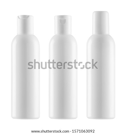 Blank templates of empty and clean white plastic container - three cylindrical round bottles with screw cap, flip top and disc top cap - photographic mock-up clipping paths -cosmetic blank package