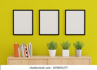 Blank Three Picture Frame For Insert Text Or Image Inside On The Wall In Living Room. 