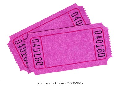 Blank ticket : two purple or pink theater or raffle tickets isolated on white. 