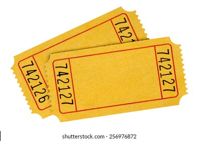 Blank Ticket : Two Yellow Raffle Or Movie Tickets Isolated.