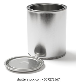 Blank Tin Paint Can With An Open Lid Isolated On White Background With A Clipping Path.