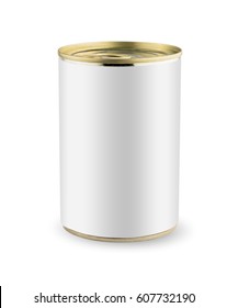 Blank Tincan Gold Metal Tin Can With Key, Canned Food. Isolated On White Background. Ready For Your Design. Real Product Packing. Mockup.