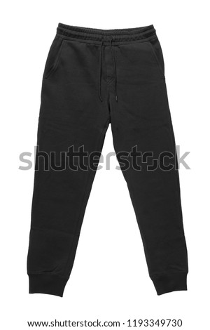 Blank training jogger pants color black front view on white background
