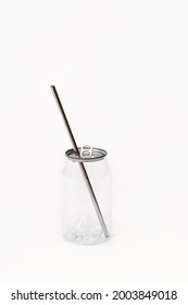 Blank Transparent Tin For Beer Or Fizzy Pop Drink.  Empty Soda Can With Metal Reusable Straw, Mockup.  Clear Jar For Beverage, Template.