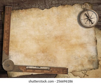 Blank Treasure Map Background With, Old Compass And Ruler. Adventure Concept.