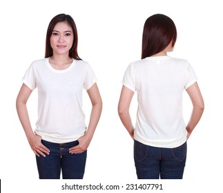 blank t-shiet set (front, back) with female isolated on white background