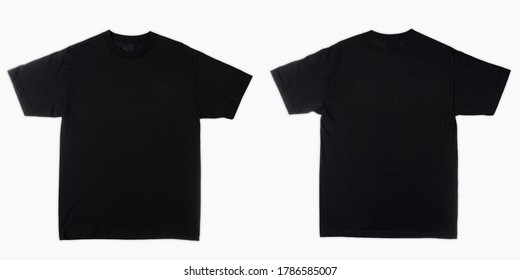 Blank T-shirt Color Black Template Front And Back View Isolated On White Background. Plain T-shirts Taken From The Top View. Blank Black T-shirt Set Isolated, Mock Up Tshirt To Be Printed.