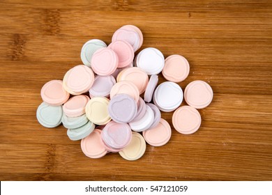 Blank Valentine Candy Hearts Isolated On A Wood Background