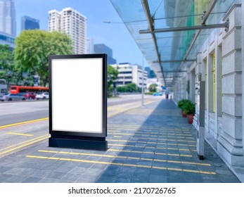 Blank Vertical Advertising Poster Banner Mockup At Bus Stop Shelter By Main Road, At City Centre; Out-of-home OOH Billboard Media Display Space. Clarke Quay Area