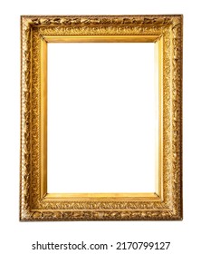blank vertical ancient wide golden picture frame cutout on white background
