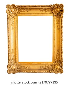 blank vertical old baroque carved golden picture frame cutout on white background