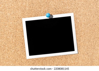 Blank Vintage Instant Photo Frame Pinned On Corkboard. Template