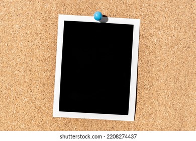 Blank Vintage Instant Photo Frame Pinned On Corkboard. Template