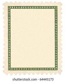 Blank Vintage Postage Stamp, Green Vignette Frame Macro, Vertical, Isolated Framed Textured Paper