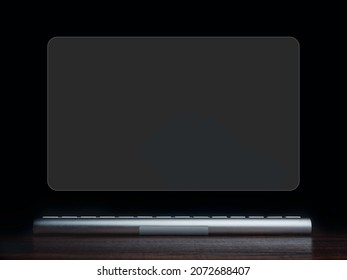 Blank virtual screen desktop monitor and modern silver keyboard on wooden desk and darkbackground. Empty space mockup on transparency curved virtual screen, future technology background concept.