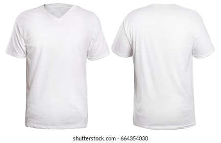 Blank V-neck Shirt Mock Up Template, Front And Back View, Isolated On White, Plain T-shirt Mockup. V Neck Tee Design Presentation For Print.