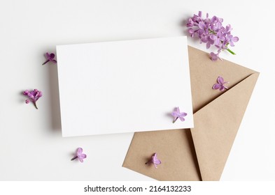 Blank Wedding Invitation Card Mockup With Spring Lilac Flowers