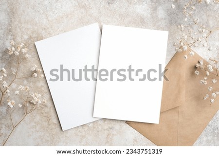 Blank wedding invitation card mockup, front and back sides, trendy dry gypsophila flowers decor, copy space