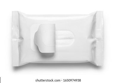 Blank Wet Wipes Flow Pack, Isolated On White Background