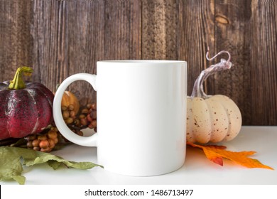 Blank White 11oz Coffee Mug In Front Of Wood Background With Pumpking Decor, Thanksgiving/fall Coffee Mug Mockup