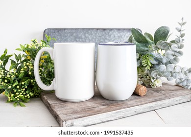 Blank white 15oz coffee mug and wine tumbler on wood background, drinkware set mockup