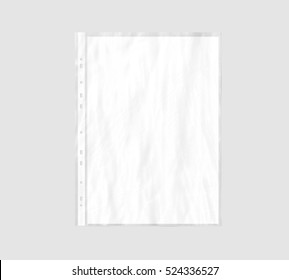 Blank White A4 Paper Sheet Mockup In Crumpled Translucent Plastic Sleeve. Perforated Document Protector Pocket Mock Up.