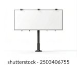 Blank white banner mockup on black city billboard, Empty bill board mock up isolated. Clear canvas template on sity street sign. Large outdoor poster screen. Big cityboard signage stand.