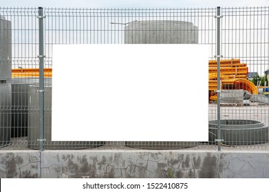 Blank White Banner Mockup On The Fence Of Construction Site