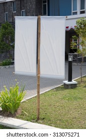 Blank White Banner On A Grass Yard In Front Of An Office, Mock Up