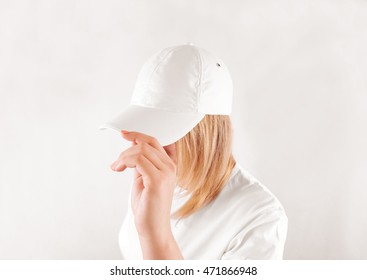 Blank White Baseball Cap Mockup Template, Wear On Women Head, Isolated, Side View. Woman In Clear Hat And T Shirt Uniform Mock Up Holding Visor Of Caps. Cotton Basebal Cap Design On Delivery Guy.