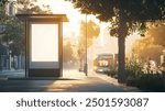 Blank White billboard Bus Stop Mockup In Front Of An Empty Street.