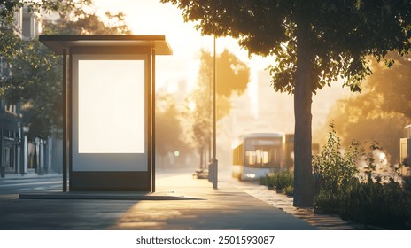 Blank White billboard Bus Stop Mockup In Front Of An Empty Street.