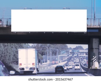Blank White Billboard On A Highway Overpass. Mock Up Blank For Advertising On A Motorway. M4 Sydney