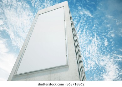 Blank White Billboard On The Wall Of High Building With Blue Sky, Mock Up