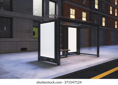 Blank White Billboards On Bus Station On Night City Street, Mock Up 3D Render