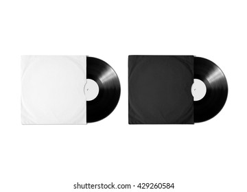 Blank White And Black Vinyl Album Cover Sleeve Mockup, Isolated, Clipping Path. Gramophone Music Record Clear Surface Mock Up. Paper Sound Shellac Disc Label Template. Cardboard Vinyl Disk Package