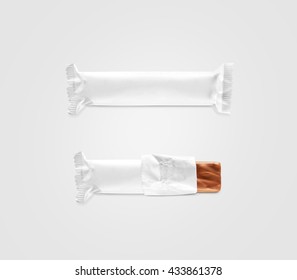 Blank White Candy Bar Plastic Wrap Mockup Isolated. Closed And Opened Chocolate Bar Packaging Wrapper Template. Choco Factory Logo Candybar Package Mock Up. Sweet Pastry Shop Energy Bar Container.