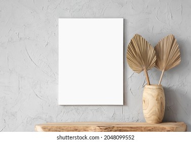 Blank White Canvas Mock-up On Gray Wall. Modern Boho Style Interior With Poster Artwork Template. Blank Empty Copy Space Frame Mockup