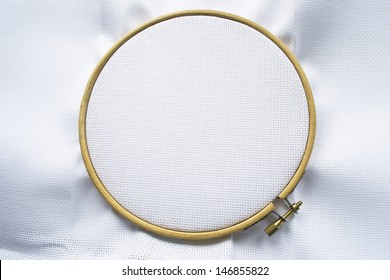 Blank White Canvas On The Wooden Hoop