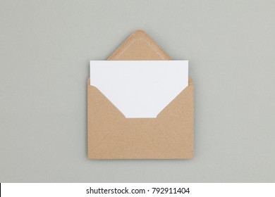 Blank White Card With Kraft Brown Paper Envelope Template Mock Up