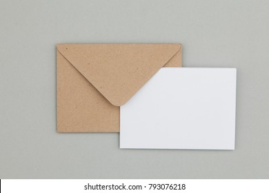 Blank White Card With Kraft Brown Paper Envelope Template Mock Up