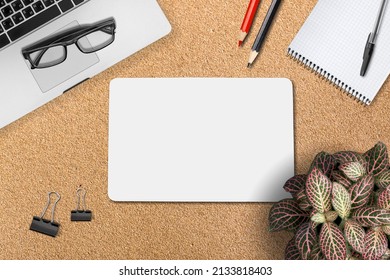 Blank White Card On Office Desk. Year Highlights Concept. Top View.