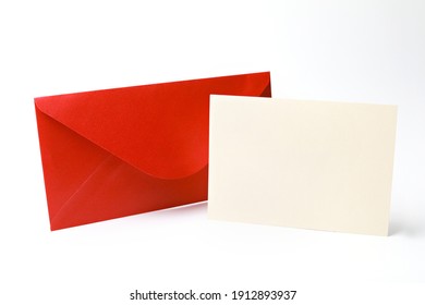 Blank White Card With Red Envelope Template Mock Up. Greeting Card Or Invitation Mailing Concept.