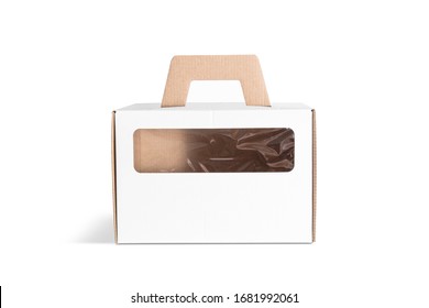 Blank White Cardboard Carry Box With Window And Handle Mock Up. Empty Paper Storage Container For Delivery Mockup, Isolated, Front View. Clear Square Surprise Case For Pastry Mokcup Template.