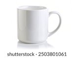 Blank White ceramic mug side view Isolated on a white for hot coffee mug or tea template design