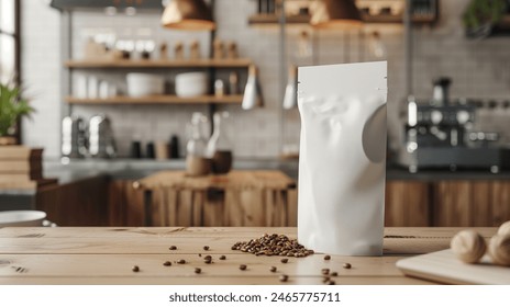 Blank white coffee bag packaging mockup on wooden table in modern kitchen interior with scattered beans, blurred cafe. Cinematic view of the product, professional photography lighting