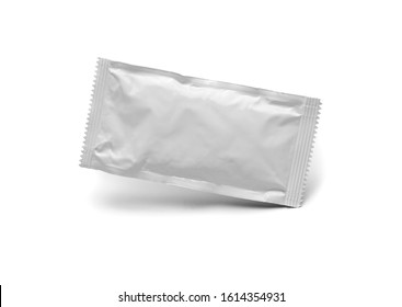 Blank White Condiment Packet Floating Isolated On White Background.