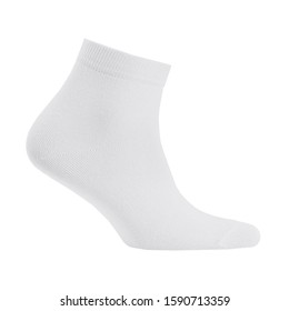 Blank White Cotton Medium Sock On Invisible  Foot Isolated On White Background As Mock Up For Advertising, Branding, Design, Side View, Template.