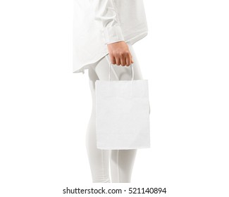 Blank White Craft Paper Bag Mockup Holding Hand, Clipping Path. Woman Hold Textured Package Mock Up.