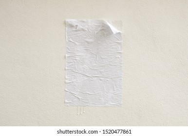 Blank White Crumpled And Creased Adhesive Street Poster Mockup On Concrete Wall Background